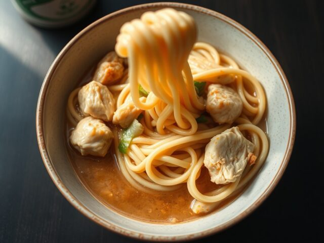 Tom Yam ei-noedels met kip in citroengras marinade