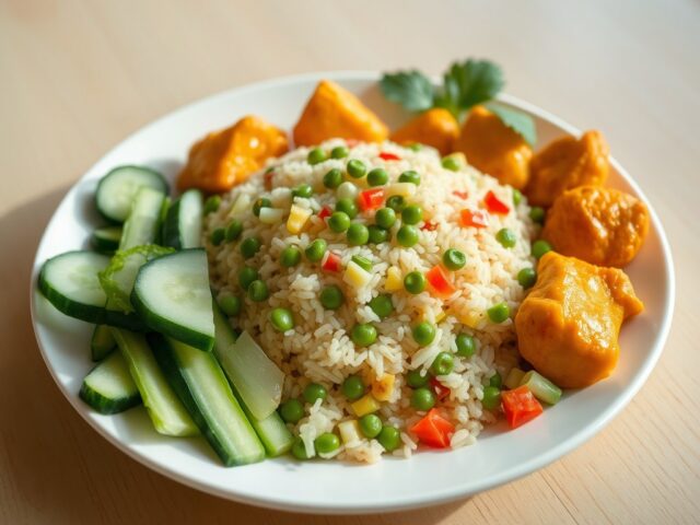 Tom Yam Rijst met Gele Curry Kip en Komkommer Sla