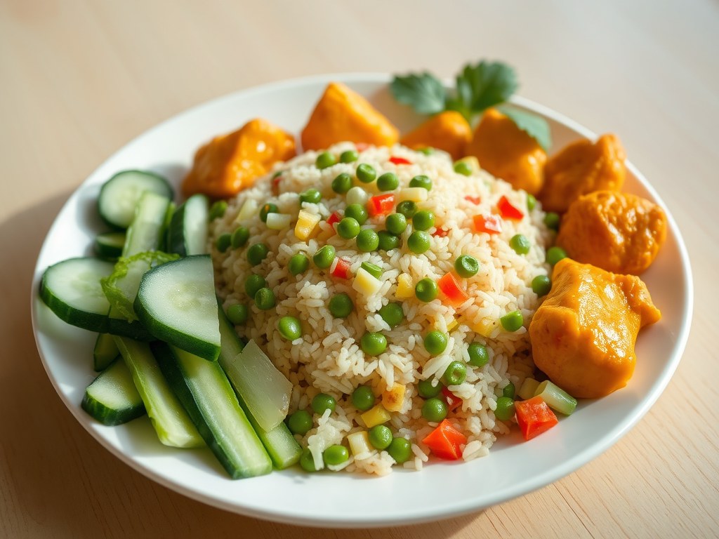 Tom Yam Rijst met Gele Curry Kip en Komkommer Sla, AI-gegenereerde illustratie