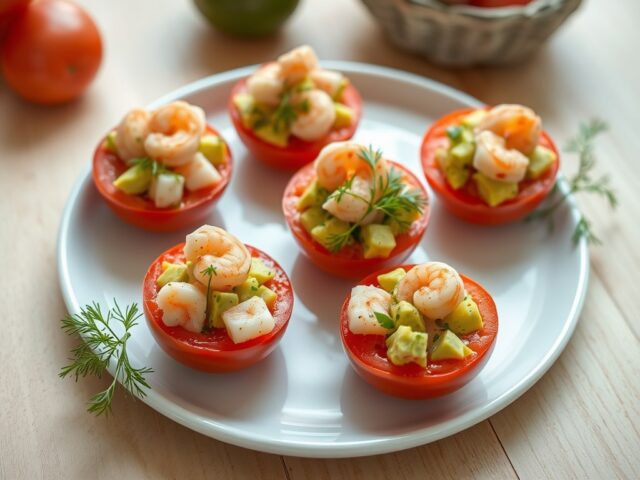 Tomaatjes gevuld met avocado en hollandse garnalen
