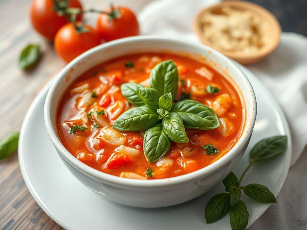 Tomaten-basilicumsoep, AI-gegenereerde illustratie