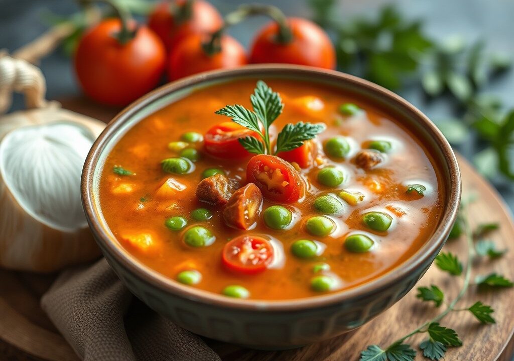 Tomaten-erwtensoep (kruidig uit India), AI-gegenereerde illustratie