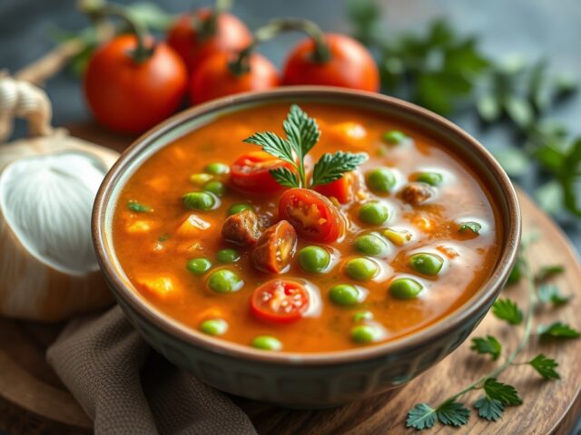 Tomaten-erwtensoep (kruidig uit India) — AI-gegenereerde illustratie
