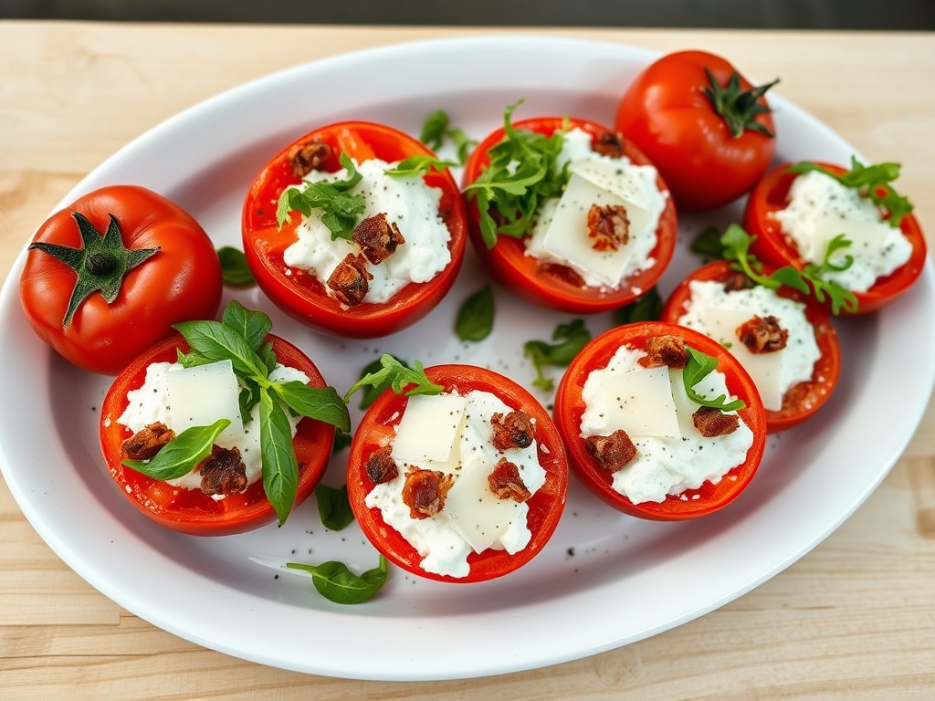 Tomaten gevuld met ricotta, AI-gegenereerde illustratie
