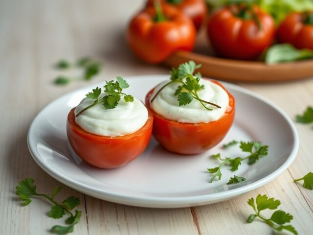 Tomaten gevuld met veldsla-kwarkmousse