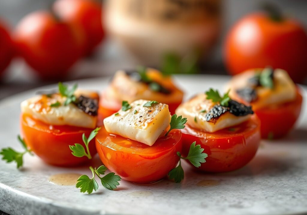 Tomaten-hors d’oeuvre met vis, AI-gegenereerde illustratie