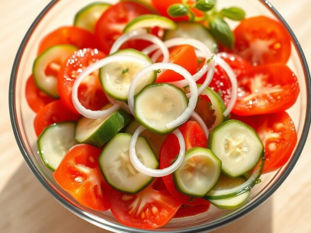 Tomaten- komkommer- uien salade