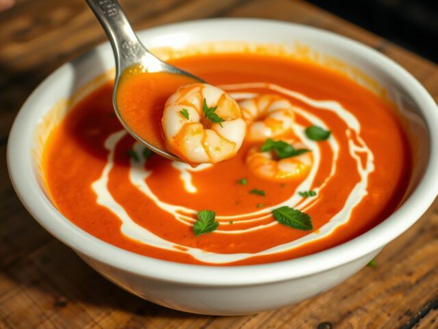 Tomaten-paprikasoep – Chavroux – garnalen
