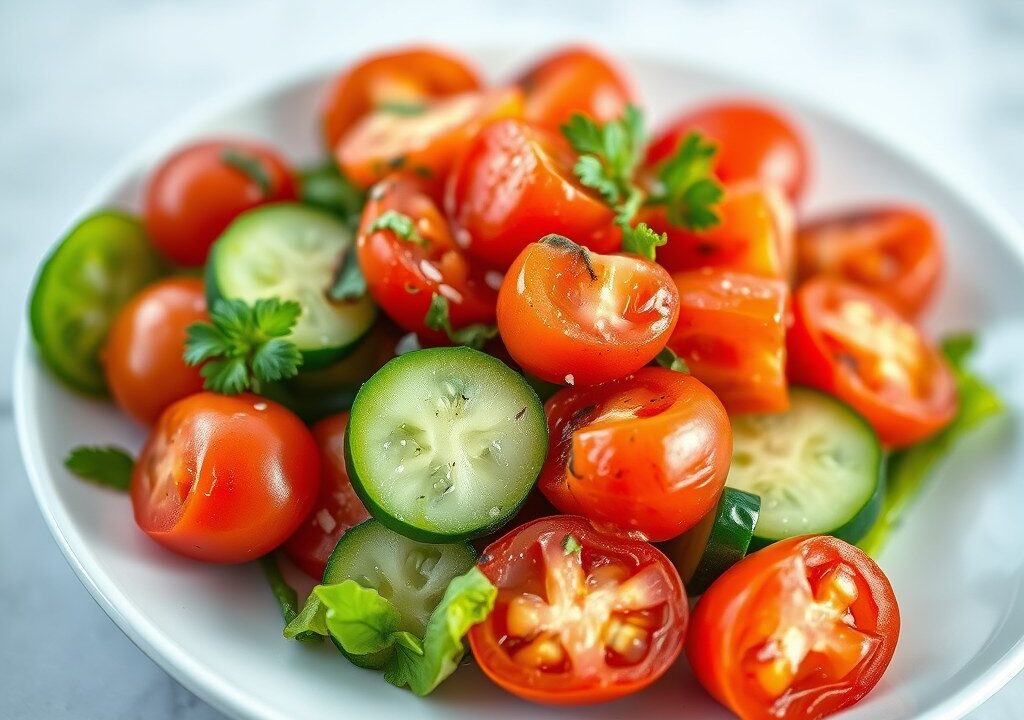 Tomaten salade met komkommer, AI-gegenereerde illustratie