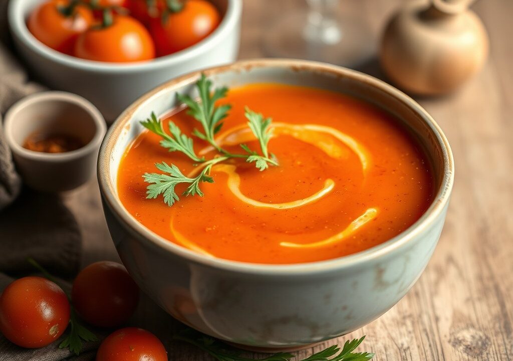 Tomaten-selderijsoep met noilly prat, AI-gegenereerde illustratie