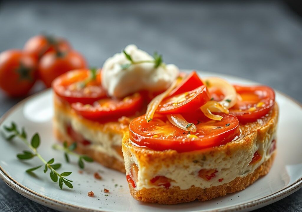 Tomaten-Uien-Kaas Taart, AI-gegenereerde illustratie