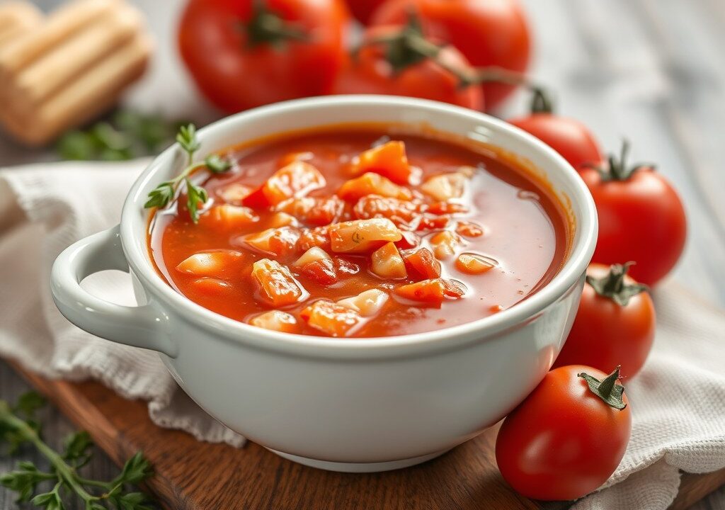 Tomaten- uiensoep, AI-gegenereerde illustratie