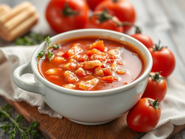Tomaten- uiensoep — AI-gegenereerde illustratie