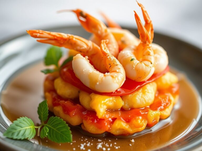 Tomatenbavarois met gebakken scampi (Amuse)