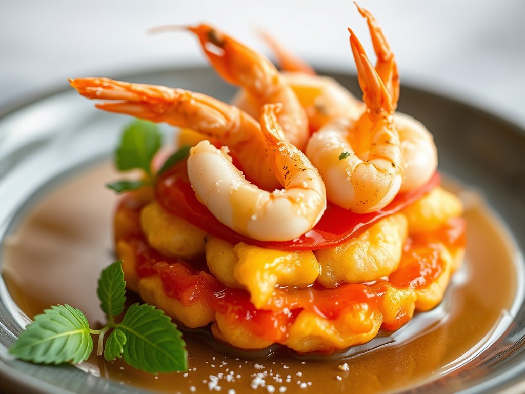 Tomatenbavarois met gebakken scampi (Amuse), AI-gegenereerde illustratie