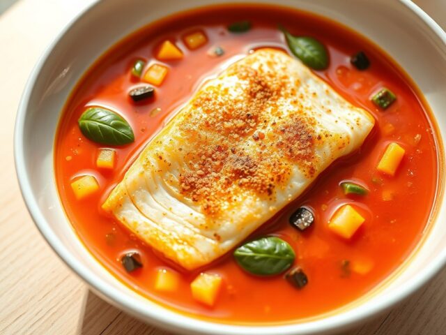 Tomatenbouillon met gebakken vis