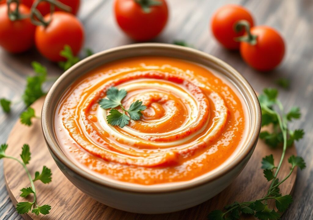 Tomatencremesoep (crema di pomodori) — AI-gegenereerde illustratie