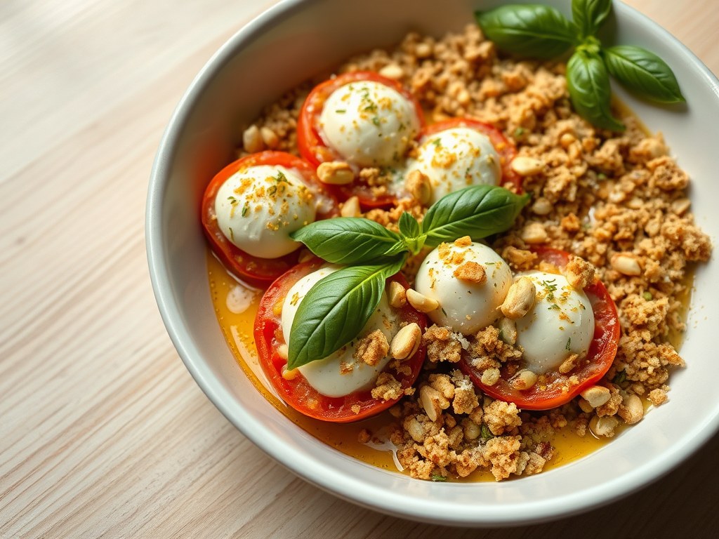 Tomatencrumble met basilicum, AI-gegenereerde illustratie