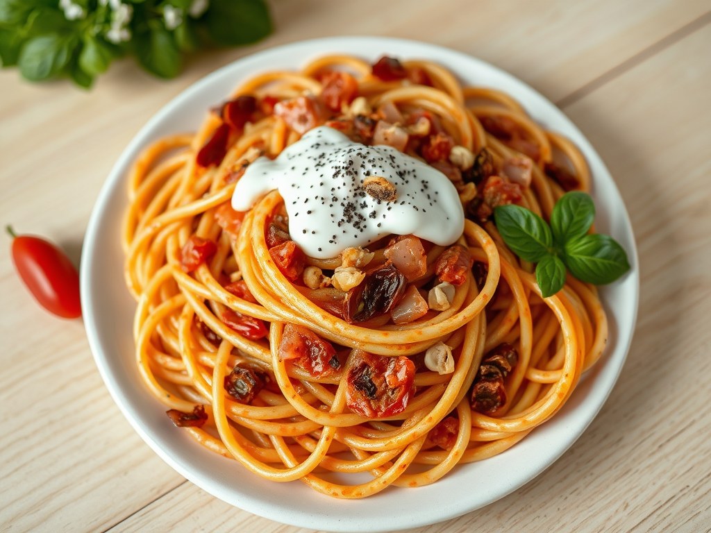Tomatenfettuccine met pesto, AI-gegenereerde illustratie