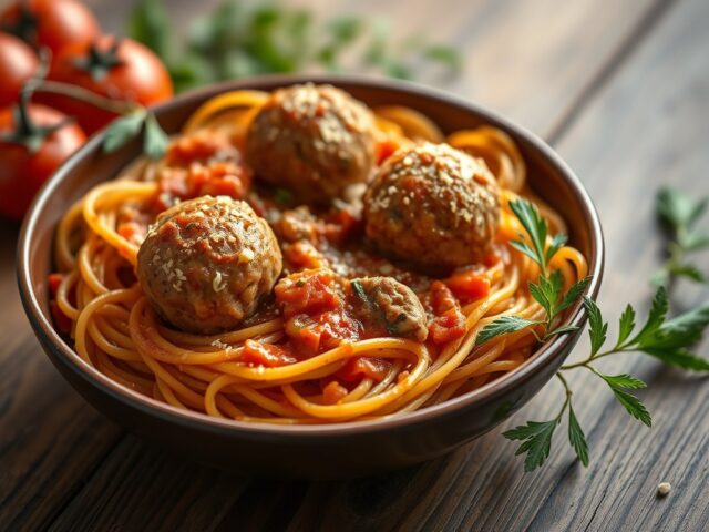 Tomatenpasta met gehaktballetjes — AI-gegenereerde illustratie