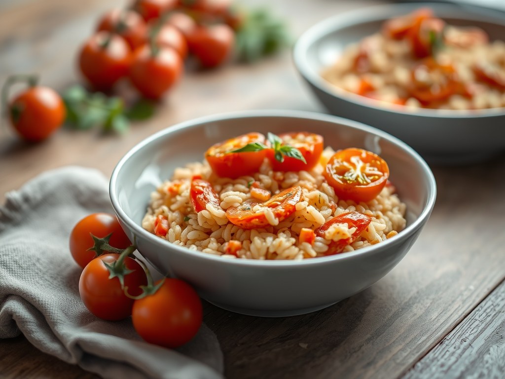 Tomatenrisotto met gebakken trostomaatjes, AI-gegenereerde illustratie
