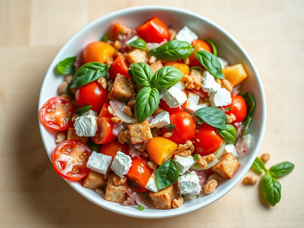 Tomatensalade met pijnboompitten, AI-gegenereerde illustratie
