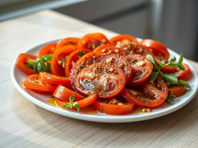 Tomatensalade + tomaat-knoflookdressing (ajotomate)