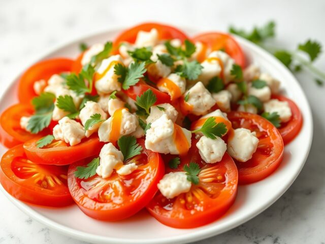 Tomatensla met koriander, krab en vinaigrette van rode paprika