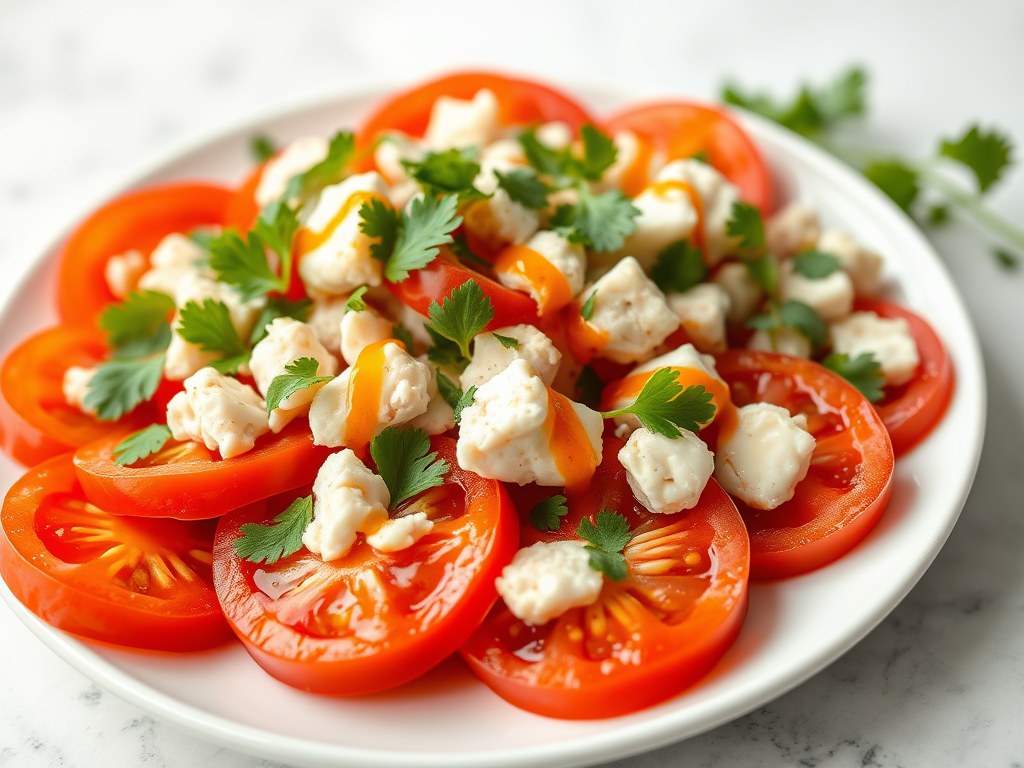 Tomatensla met koriander, krab en vinaigrette van rode paprika, AI-gegenereerde illustratie