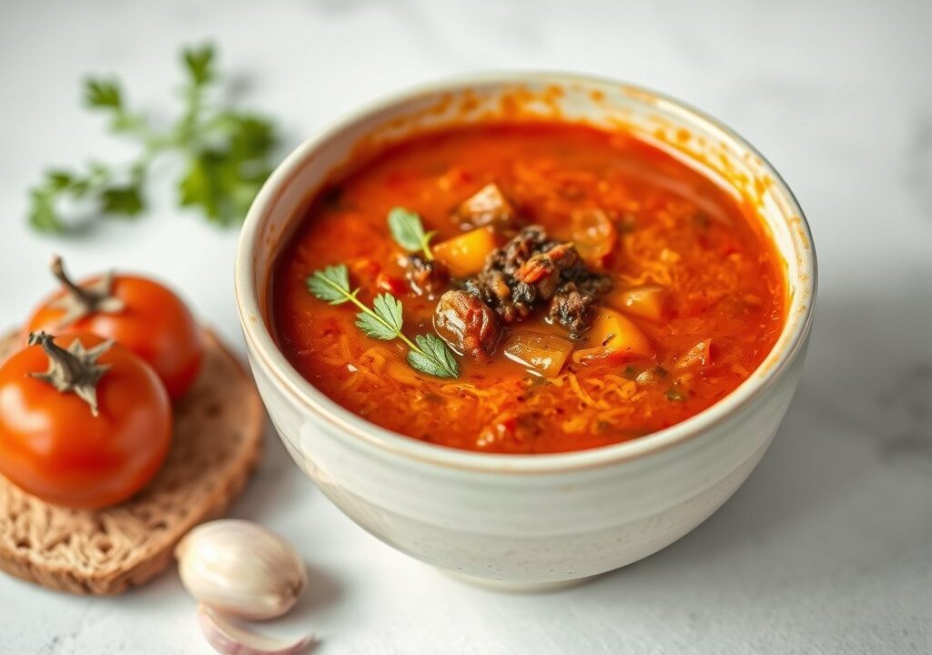 Tomatensoep (koud) met Tapenade, AI-gegenereerde illustratie