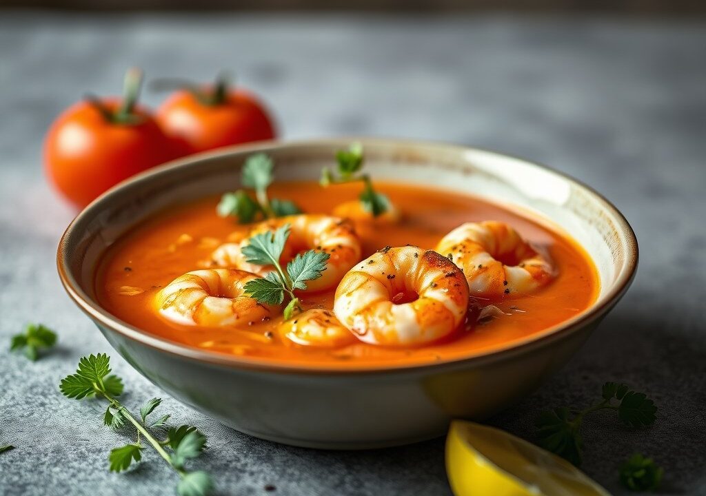 Tomatensoep met Garnalen en Wodka, AI-gegenereerde illustratie