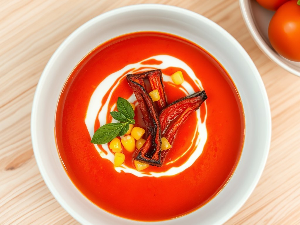 Tomatensoep met geroosterde paprika, AI-gegenereerde illustratie
