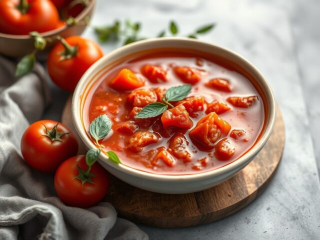 Tomatensoep met geroosterde paprika — AI-gegenereerde illustratie