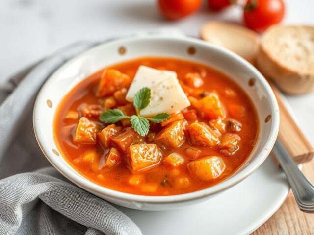 Tomatensoep met lavas en kaastosti’s — AI-gegenereerde illustratie