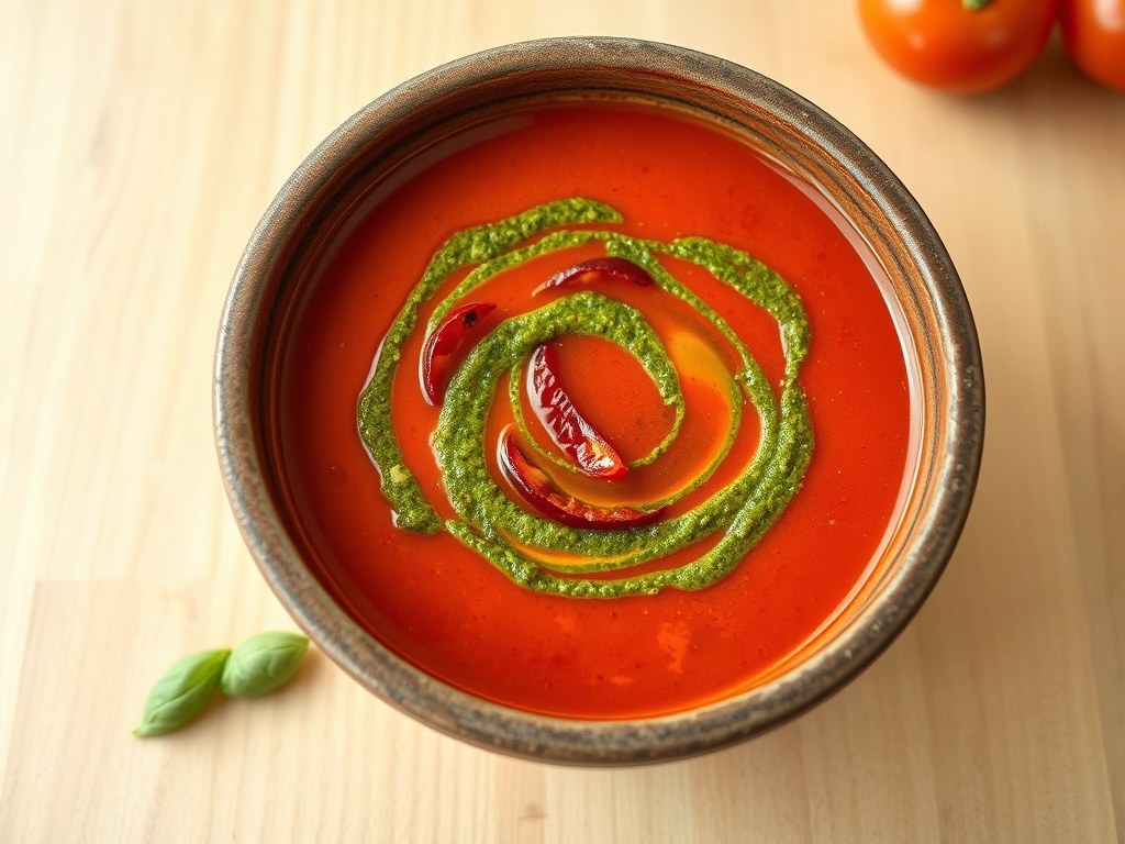 Tomatensoep met Pistou, AI-gegenereerde illustratie