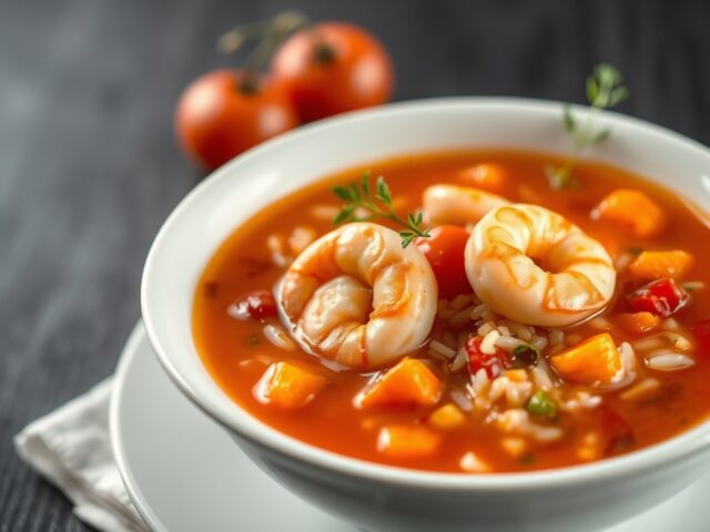 Tomatensoep met rijst en garnalen