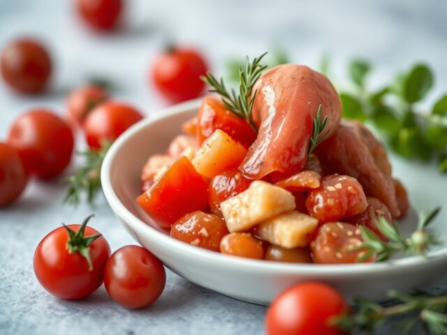 Tomatensorbet met tartaar van verse tonijn en halfgedroogde tomaatjes