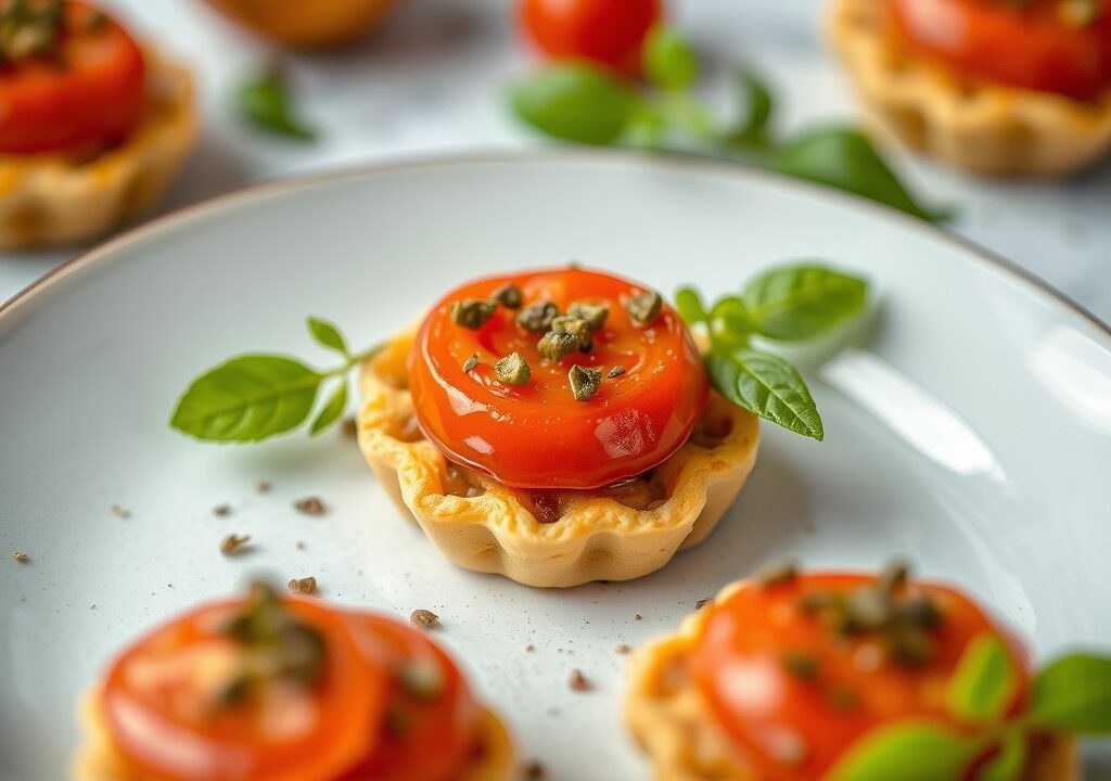 Tomatentaartjes met kwartelei, AI-gegenereerde illustratie