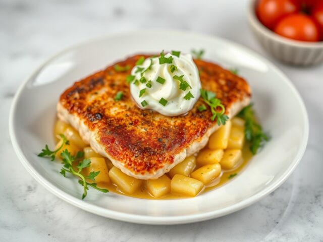 Tongfilet met geplette aardappel en (zie opm.) — AI-gegenereerde illustratie
