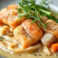 Tongfiletrolletjes in witte-wijn-garnalensaus