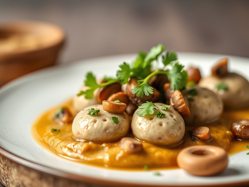 Tongrolletjes met een mousse van wilde champignons, AI-gegenereerde illustratie