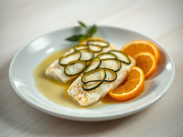 Tongschar met courgetteschubben en wijnappelsien