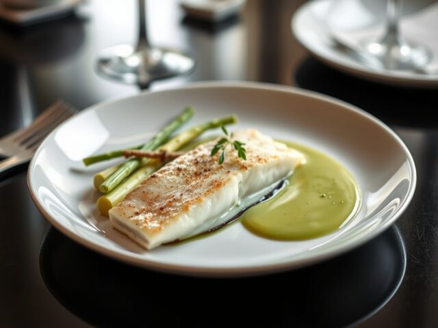 Tongschar met gekonfijt rood witloof, asperges en zurkelsaus