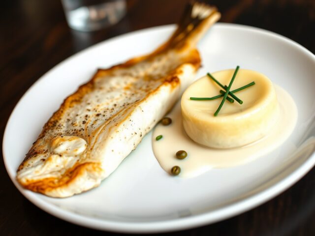 Tongscharfilet met groene peper en witloofflan