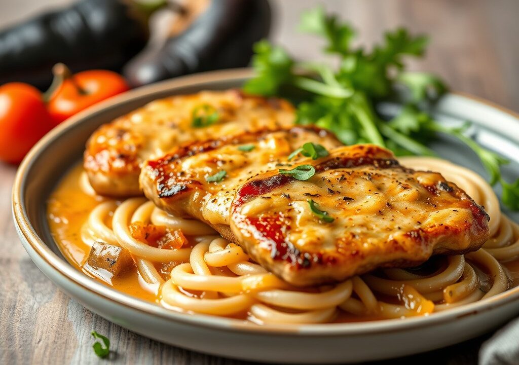 Tongscharfilets met auberginekaviaar en uiensaus, AI-gegenereerde illustratie