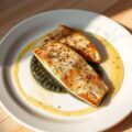 Tongscharfilets met auberginekaviaar en uiensaus