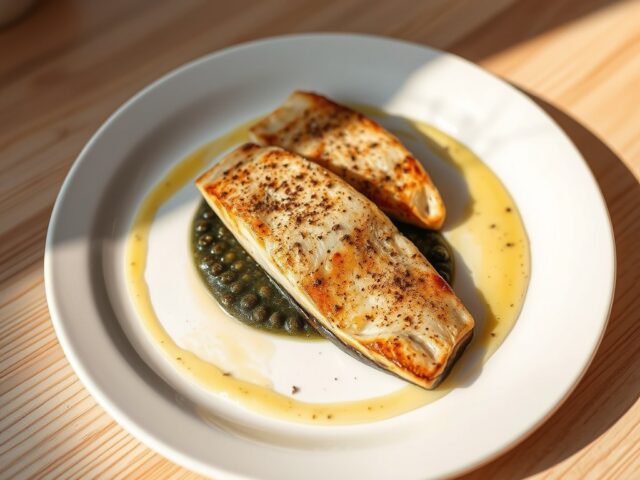 Tongscharfilets met auberginekaviaar en uiensaus