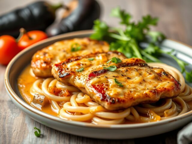 Tongscharfilets met auberginekaviaar en uiensaus — AI-gegenereerde illustratie