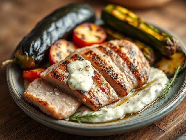 Tonijn en Gegrilde Provençaalse Groenten + Aioli — AI-gegenereerde illustratie