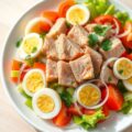 Tonijn met gemarineerde tomaten en hardgekookte ei